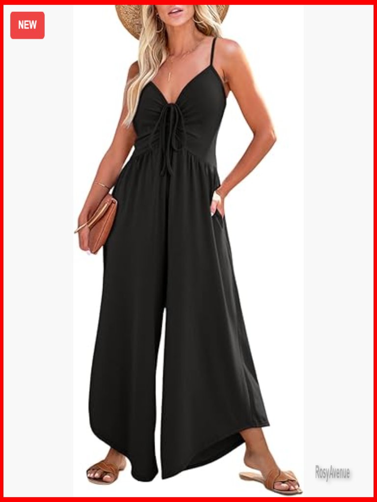 Wide Leg Jumpsuit Spaghetti Strap Ruched Drawstring Romper With Pockets